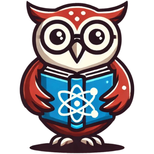 Die Forscher-Eule hält ein Buch mit einem Atom